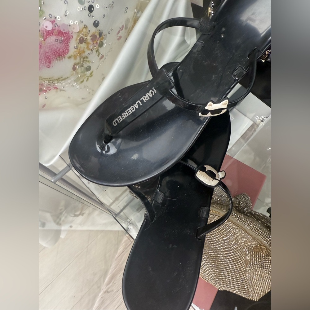 Karl Lagerfeld Black Jelly Thong Sandals with Gold Buckle